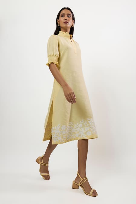 Buy_Linera_Yellow Linen, Cotton Embroidery Split V-neck, Mandarin Collar Cording Dress _Online_at_Aza_Fashions
