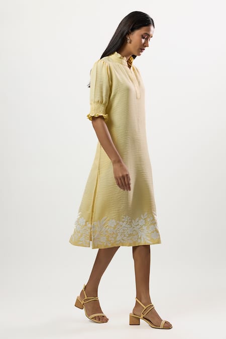 Shop_Linera_Yellow Linen, Cotton Embroidery Split V-neck, Mandarin Collar Cording Dress _Online_at_Aza_Fashions
