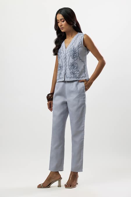 Linera_Blue Linen Embroidery V-neck Waistcoat And Pant Set _Online_at_Aza_Fashions