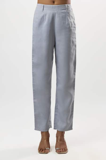 Shop_Linera_Blue Linen Embroidery V-neck Waistcoat And Pant Set _Online_at_Aza_Fashions