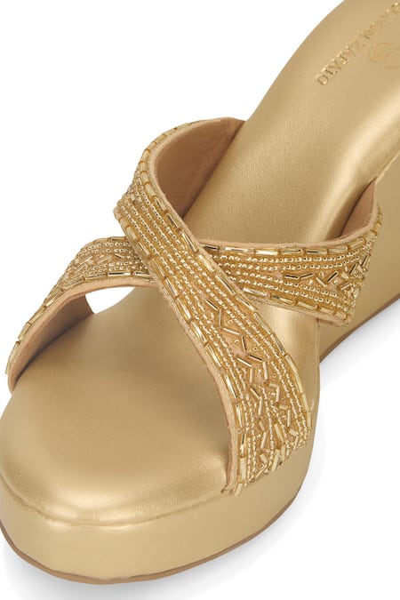 Buy_SCHON ZAPATO_Gold Embroidery, Beads Wedges _Online_at_Aza_Fashions