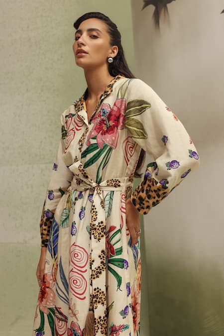Buy_NOIB_Multi Color Viscose, Linen Collared Celia Wildflower Print Dress With Belt _Online_at_Aza_Fashions