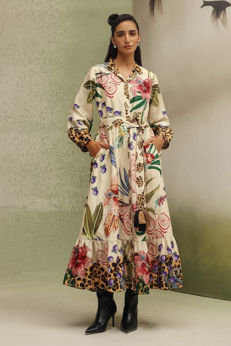 Shop_NOIB_Multi Color Viscose, Linen Collared Celia Wildflower Print Dress With Belt _Online_at_Aza_Fashions