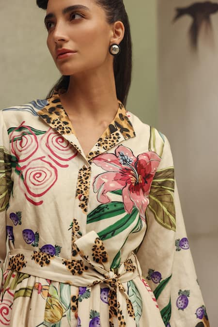 NOIB_Multi Color Viscose, Linen Collared Celia Wildflower Print Dress With Belt _at_Aza_Fashions