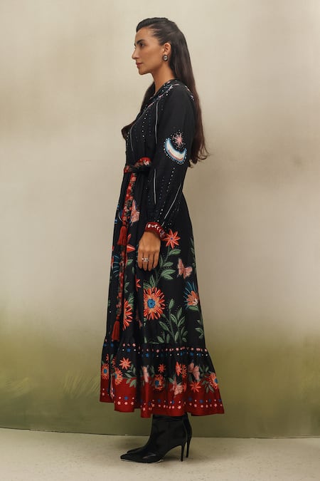 Buy_NOIB_Black Viscose, Linen Tassels Collared Celia Garden Dancers Print Dress With Belt _Online_at_Aza_Fashions
