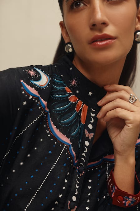 Shop_NOIB_Black Viscose, Linen Tassels Collared Celia Garden Dancers Print Dress With Belt _Online_at_Aza_Fashions