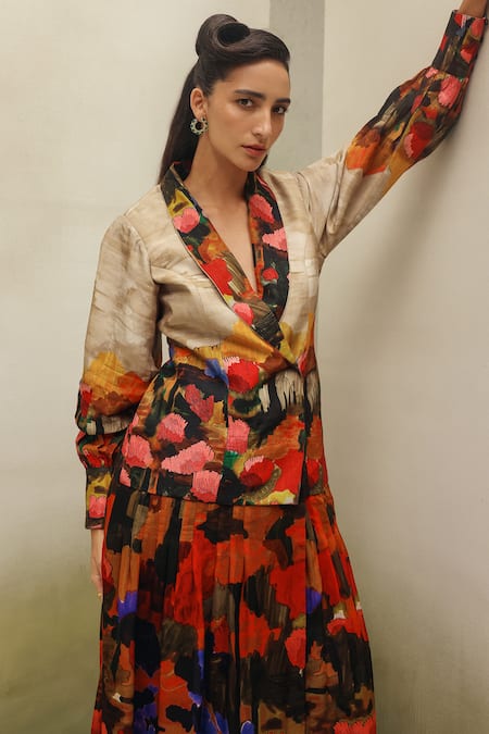 Buy_NOIB_Red Viscose, Linen, Organza V-neck Avery Highland Print Dress _Online_at_Aza_Fashions