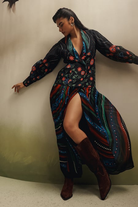 NOIB_Black Viscose, Linen, Organza V-neck, Collared Avery Garden Dancers Print Dress _Online_at_Aza_Fashions