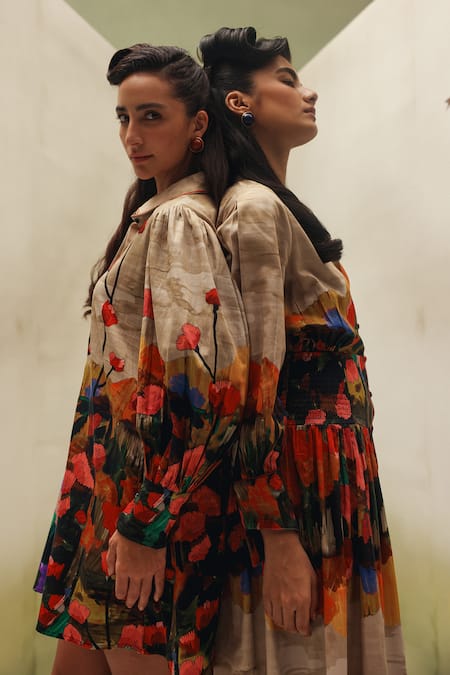 Buy_NOIB_Ivory Cotton Satin Beads Collared Celia Highland Print Dress _Online_at_Aza_Fashions