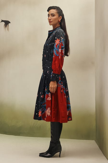 NOIB_Black Cotton Satin Beads Collared Celia Garden Dancers Print Dress _Online_at_Aza_Fashions