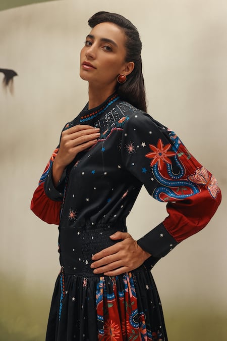 Shop_NOIB_Black Cotton Satin Beads Collared Celia Garden Dancers Print Dress _Online_at_Aza_Fashions