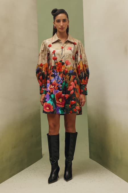 NOIB_Multi Color Cotton Satin Embroidery Collared Thais Highland Print Dress _Online_at_Aza_Fashions