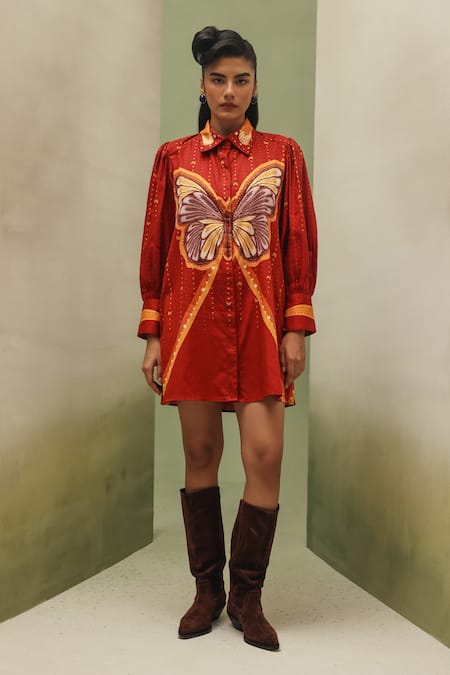 NOIB_Rust Cotton Satin Embroidery Collared Thais Wings Of Wonder Print Dress _Online_at_Aza_Fashions