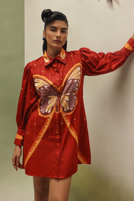 Buy_NOIB_Rust Cotton Satin Embroidery Collared Thais Wings Of Wonder Print Dress _Online_at_Aza_Fashions
