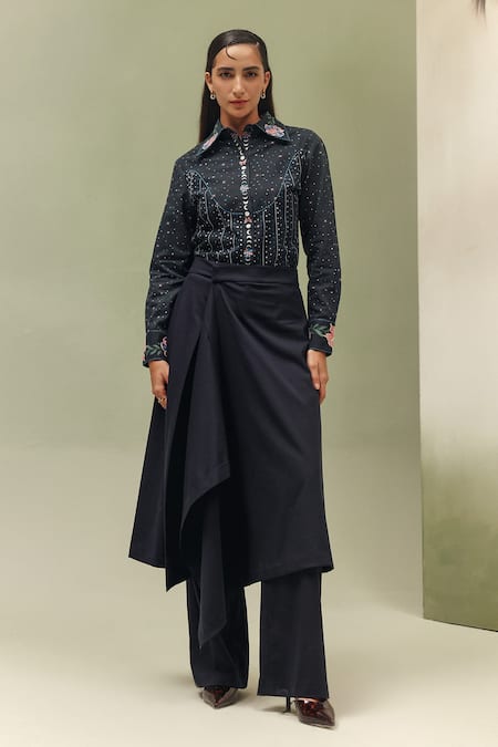 NOIB_Black Cotton, Twill Embroidery Collared Celia Shooting Stars Print Shirt _Online_at_Aza_Fashions