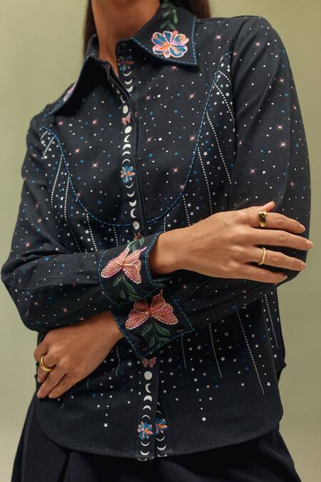 Shop_NOIB_Black Cotton, Twill Embroidery Collared Celia Shooting Stars Print Shirt _Online_at_Aza_Fashions
