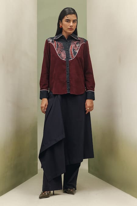 NOIB_Maroon Corduroy, Cotton Embroidery Collared Celia Night Safari Print Shirt _Online_at_Aza_Fashions