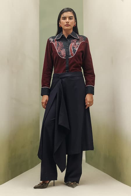 Buy_NOIB_Maroon Corduroy, Cotton Embroidery Collared Celia Night Safari Print Shirt _Online_at_Aza_Fashions