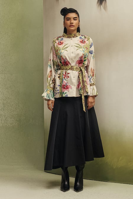 NOIB_Multi Color Cotton Satin Collared, Vega Wildflower Print Shirt With Belt _Online_at_Aza_Fashions