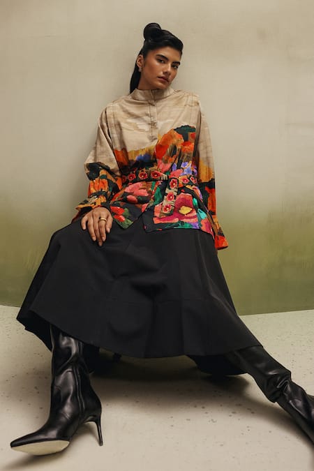 NOIB_Multi Color Cotton Satin Mandarin Collar Vega Highland Print Shirt With Belt _Online_at_Aza_Fashions