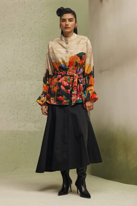 Shop_NOIB_Multi Color Cotton Satin Mandarin Collar Vega Highland Print Shirt With Belt _Online_at_Aza_Fashions