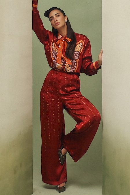 NOIB_Rust Modal, Satin Collared Iris Wings Of Wonder Print Shirt _Online_at_Aza_Fashions