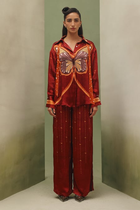 Buy_NOIB_Rust Modal, Satin Collared Iris Wings Of Wonder Print Shirt _Online_at_Aza_Fashions