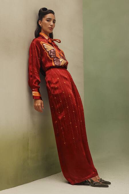 Shop_NOIB_Rust Modal, Satin Collared Iris Wings Of Wonder Print Shirt _Online_at_Aza_Fashions