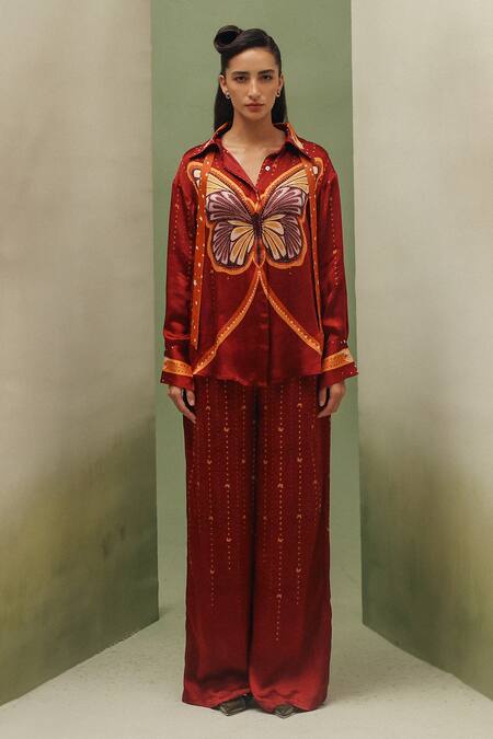 NOIB_Rust Modal, Satin Collared Iris Wings Of Wonder Print Shirt _at_Aza_Fashions
