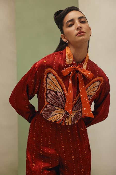Buy_NOIB_Rust Modal, Satin Collared Iris Wings Of Wonder Print Shirt 