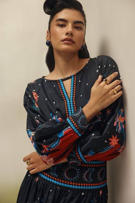 Buy_NOIB_Black Cotton Satin Beads, Foil Printing Boat Neck, Elle Garden Dancers Top _Online_at_Aza_Fashions