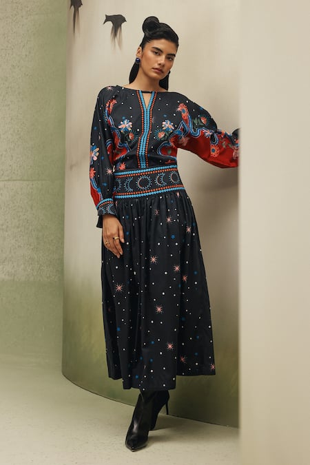 Shop_NOIB_Black Cotton Satin Beads, Foil Printing Boat Neck, Elle Garden Dancers Top _Online_at_Aza_Fashions