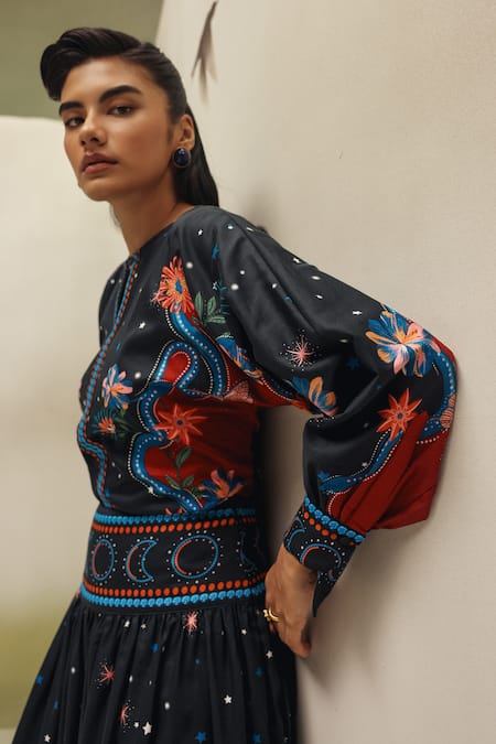 Buy_NOIB_Black Cotton Satin Beads, Foil Printing Boat Neck, Elle Garden Dancers Top 