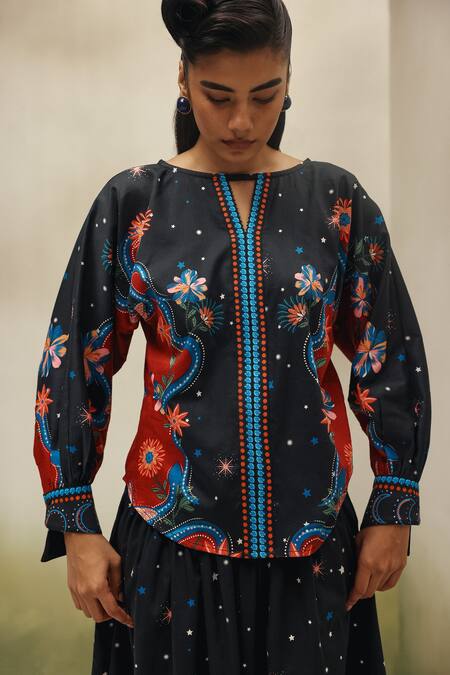 Shop_NOIB_Black Cotton Satin Beads, Foil Printing Boat Neck, Elle Garden Dancers Top 