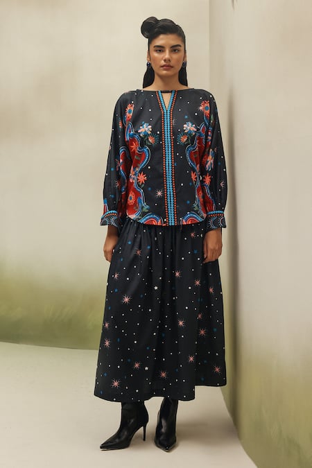 NOIB_Black Cotton Satin Elle Garden Dancers Print Skirt _Online_at_Aza_Fashions