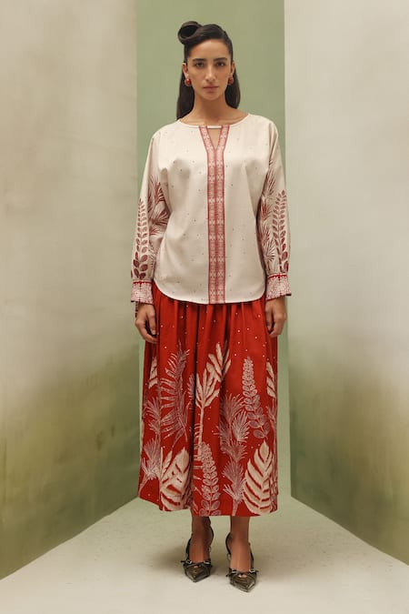 NOIB_Rust Cotton Satin Elle Night Safari Print Skirt _Online_at_Aza_Fashions