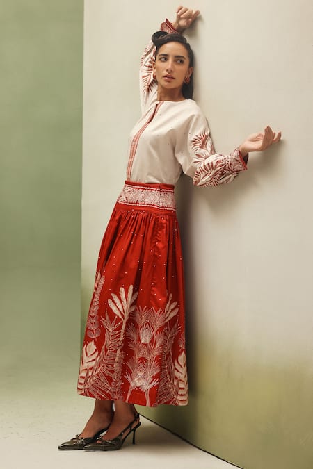 Buy_NOIB_Rust Cotton Satin Elle Night Safari Print Skirt _Online_at_Aza_Fashions