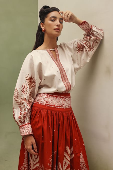 Shop_NOIB_Rust Cotton Satin Elle Night Safari Print Skirt _Online_at_Aza_Fashions