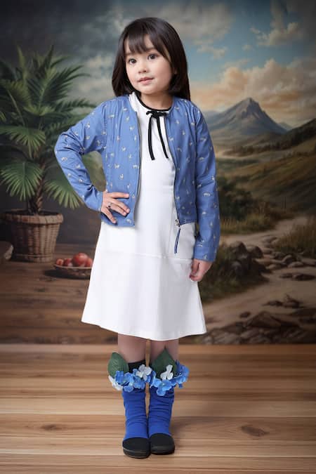 Petite Pomme Offwhite & Blue Designer Dress & Jacket Set 