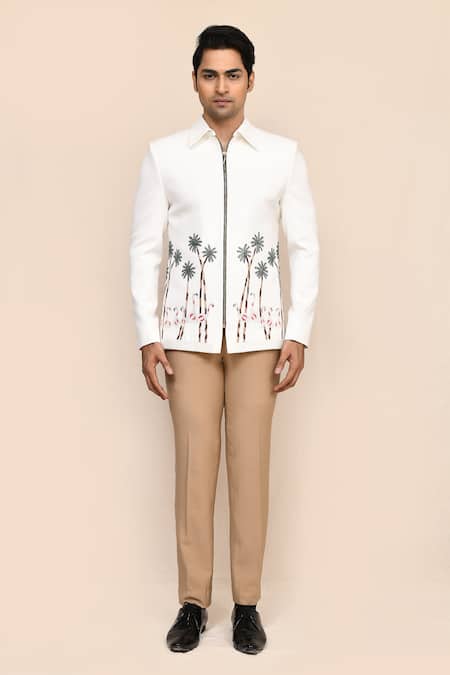 Aryavir Malhotra_White Terrycloth Embroidery Hand Work Jacket And Pant Set _Online_at_Aza_Fashions
