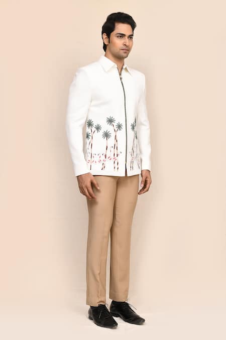 Shop_Aryavir Malhotra_White Terrycloth Embroidery Hand Work Jacket And Pant Set _Online_at_Aza_Fashions