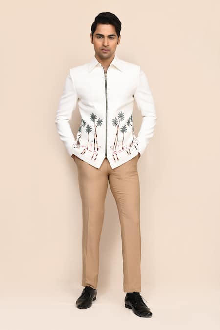 Aryavir Malhotra_White Terrycloth Embroidery Hand Work Jacket And Pant Set _at_Aza_Fashions