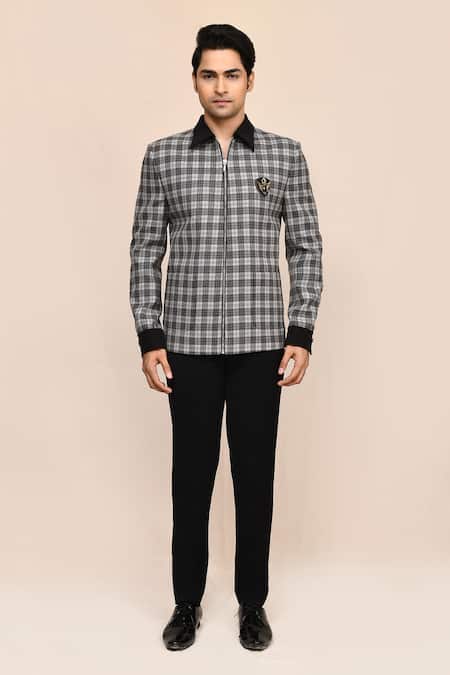Buy_Aryavir Malhotra_Gray Suede, Terrycloth Plaid Jacket And Black Pant Set _Online_at_Aza_Fashions