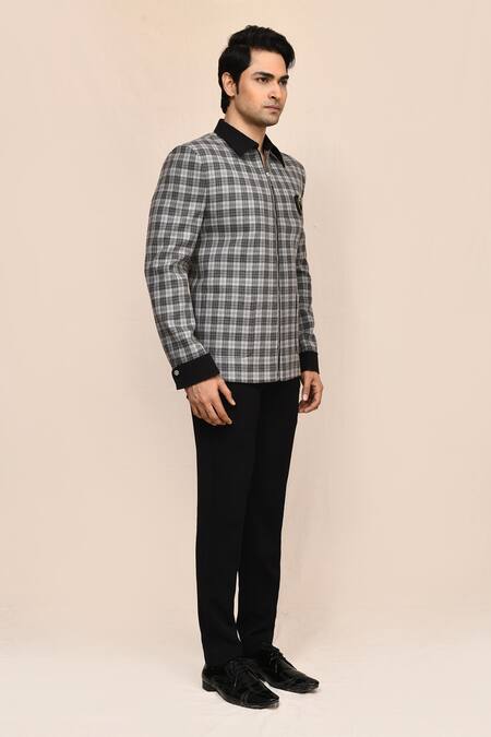 Shop_Aryavir Malhotra_Gray Suede, Terrycloth Plaid Jacket And Black Pant Set _Online_at_Aza_Fashions