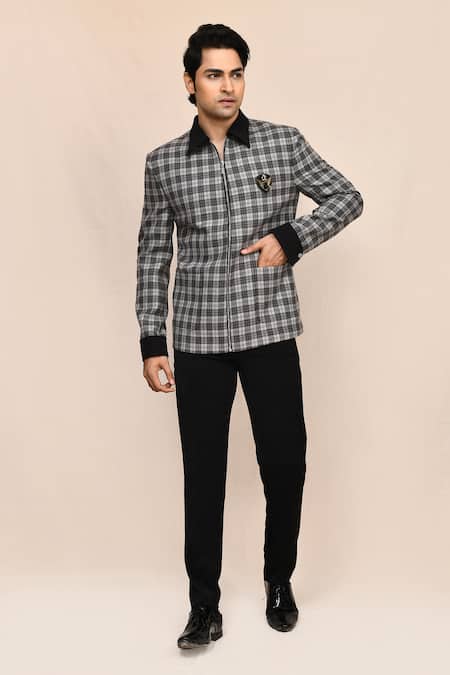 Aryavir Malhotra_Gray Suede, Terrycloth Plaid Jacket And Black Pant Set _at_Aza_Fashions