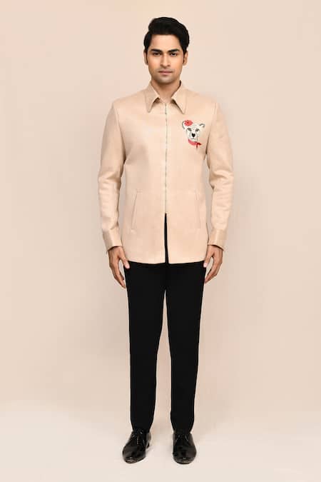 Buy_Aryavir Malhotra_Beige Suede, Rayon Embroidery Hand Work Jacket With Black Pant _Online_at_Aza_Fashions