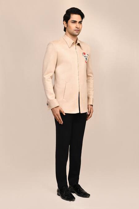 Shop_Aryavir Malhotra_Beige Suede, Rayon Embroidery Hand Work Jacket With Black Pant _Online_at_Aza_Fashions