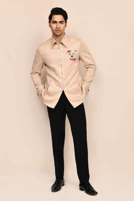 Aryavir Malhotra_Beige Suede, Rayon Embroidery Hand Work Jacket With Black Pant _at_Aza_Fashions