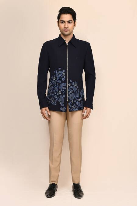 Buy_Aryavir Malhotra_Navy Rayon Embroidery Blue Hand Work Jacket And Pant Set _Online_at_Aza_Fashions