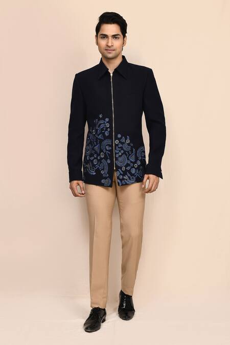 Aryavir Malhotra_Navy Rayon Embroidery Blue Hand Work Jacket And Pant Set _at_Aza_Fashions